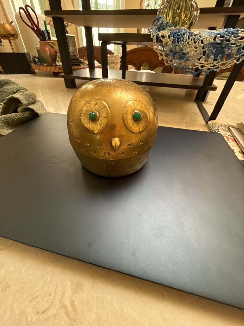 Vintage Brushed Gold Tone Napier Owl Coin Bank with Green Eyes